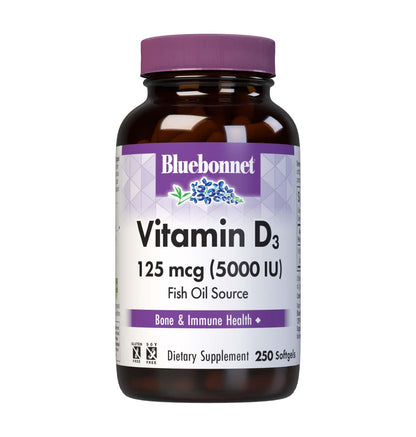 Bluebonnet Nutrition Vitamin D3 5000 IU Softgels - Supports Bone Health, Immune Function, Non-GMO, Gluten Free, Soy Free, Dairy Free, 250 Softgels