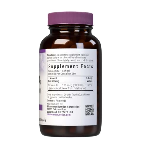 Bluebonnet Nutrition Vitamin D3 5000 IU Softgels - Supports Bone Health, Immune Function, Non-GMO, Gluten Free, Soy Free, Dairy Free, 250 Softgels