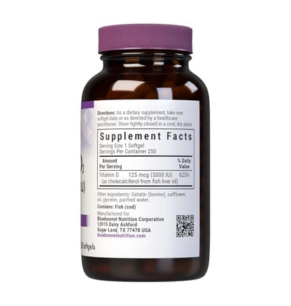 Bluebonnet Nutrition Vitamin D3 5000 IU Softgels - Supports Bone Health, Immune Function, Non-GMO, Gluten Free, Soy Free, Dairy Free, 250 Softgels