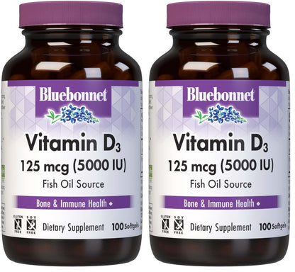 BlueBonnet Nutrition Vitamin D3 5000 IU Softgels - 2-Pack, Non-GMO, Gluten & Dairy Free, Cholecalciferol from Fish Oil
