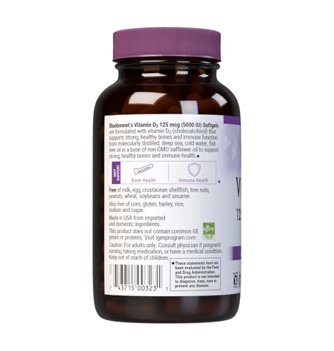 Bluebonnet Nutrition Vitamin D3 5000 IU Softgels - Supports Bone Health, Immune Function, Non-GMO, Gluten Free, Soy Free, Dairy Free, 250 Softgels