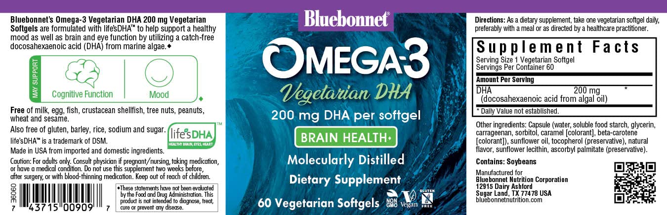 BlueBonnet Natural Omega-3 DHA Vegetarian Softgels 200 mg, 60 Count
