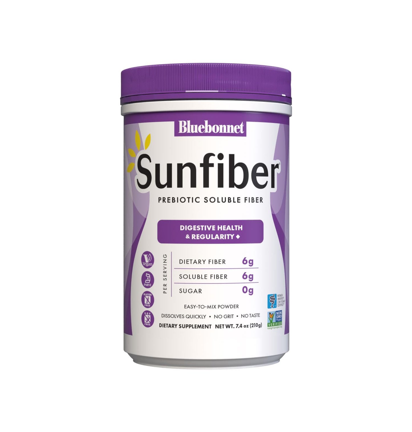 BlueBonnet Nutrition Sunfiber – 6 g Plant-Based Prebiotic Soluble Fiber – Supports Digestive Health* - Instant Dissolve – Non-GMO, Vegan, Kosher, Low-FODMAP – Unflavored, 7.4 OZ, 30 Servings