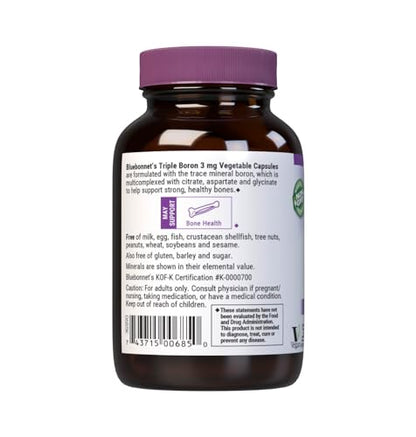 Bluebonnet Triple Boron 3 mg – Bone Health Support | Vegan, Non-GMO | 90 Vegetarian Capsules