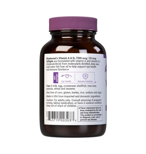 Bluebonnet Vitamin A & D3 25,000 IU/1,000 IU - Eye Health & Immune Support
