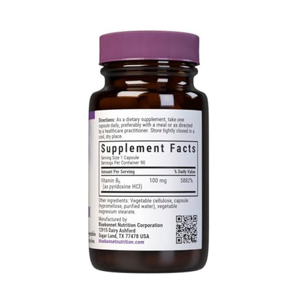 BlueBonnet Vitamin B6 100 mg – Energy Support | Non-GMO, Vegan, Gluten-Free | 60 Veg Capsules
