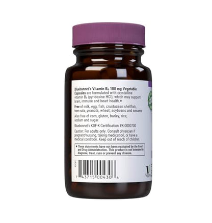 BlueBonnet Vitamin B6 100 mg – Energy Support | Non-GMO, Vegan, Gluten-Free | 60 Veg Capsules