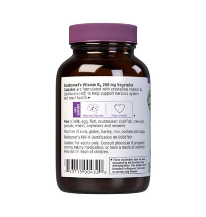 Bluebonnet Vitamin B6 200 mg Veg Capsules – 90 Servings | Vegan, Non-GMO, Gluten-Free