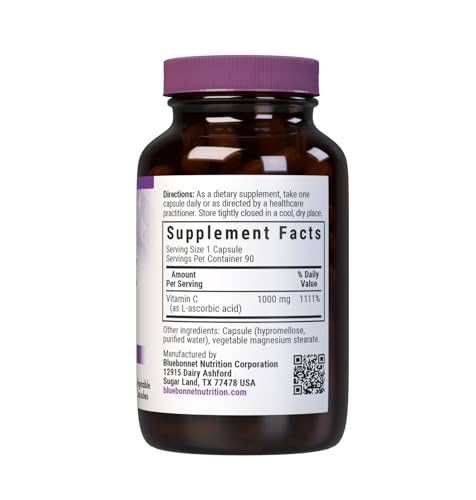 Bluebonnet Vitamin C 1000 mg Capsules – Immune Support, Skin Health, Vegan & Non-GMO | 90 Veg Capsules