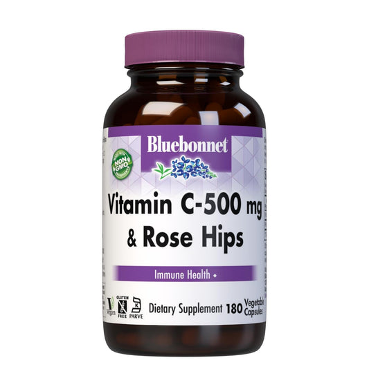 BlueBonnet Vitamin C 500 mg + Rose Hips Veg Capsules - 180 Count BritishVita | Premium UK Vitamins & Wellness Supplements