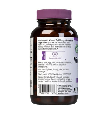 BlueBonnet Vitamin C 500 mg + Rose Hips Veg Capsules - 180 Count