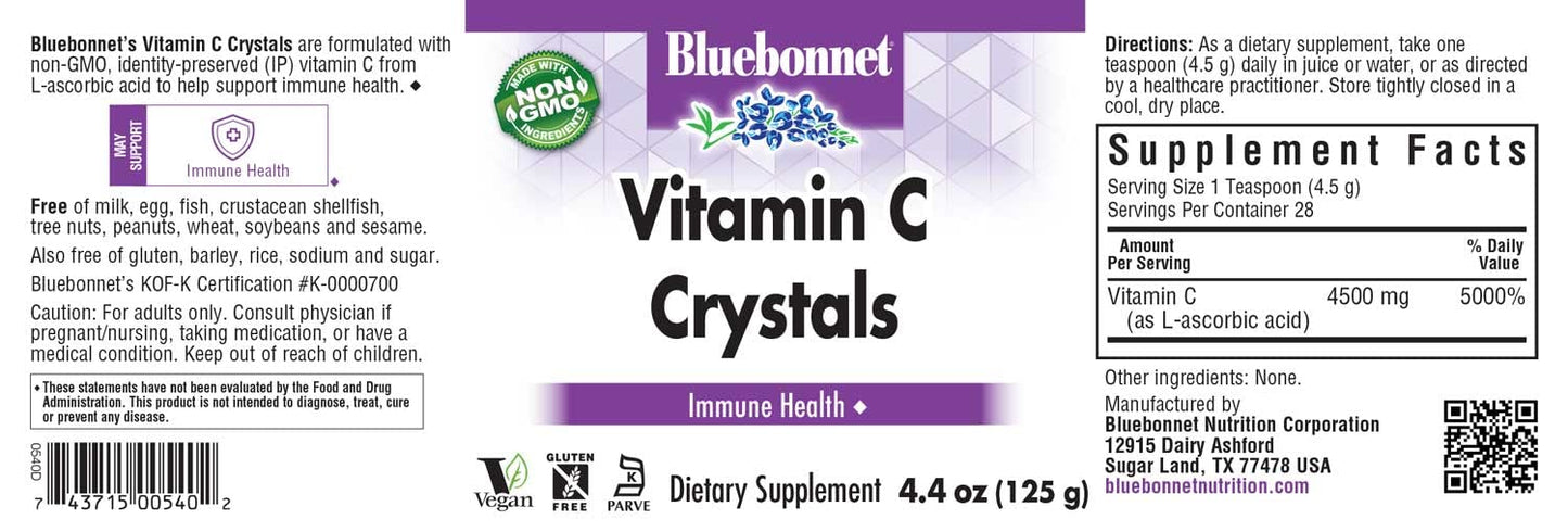Bluebonnet Vitamin C Crystals – Immune Support, Non-GMO, Soy Free, Gluten Free, Kosher, Vegan, 4.4 oz (125 g)