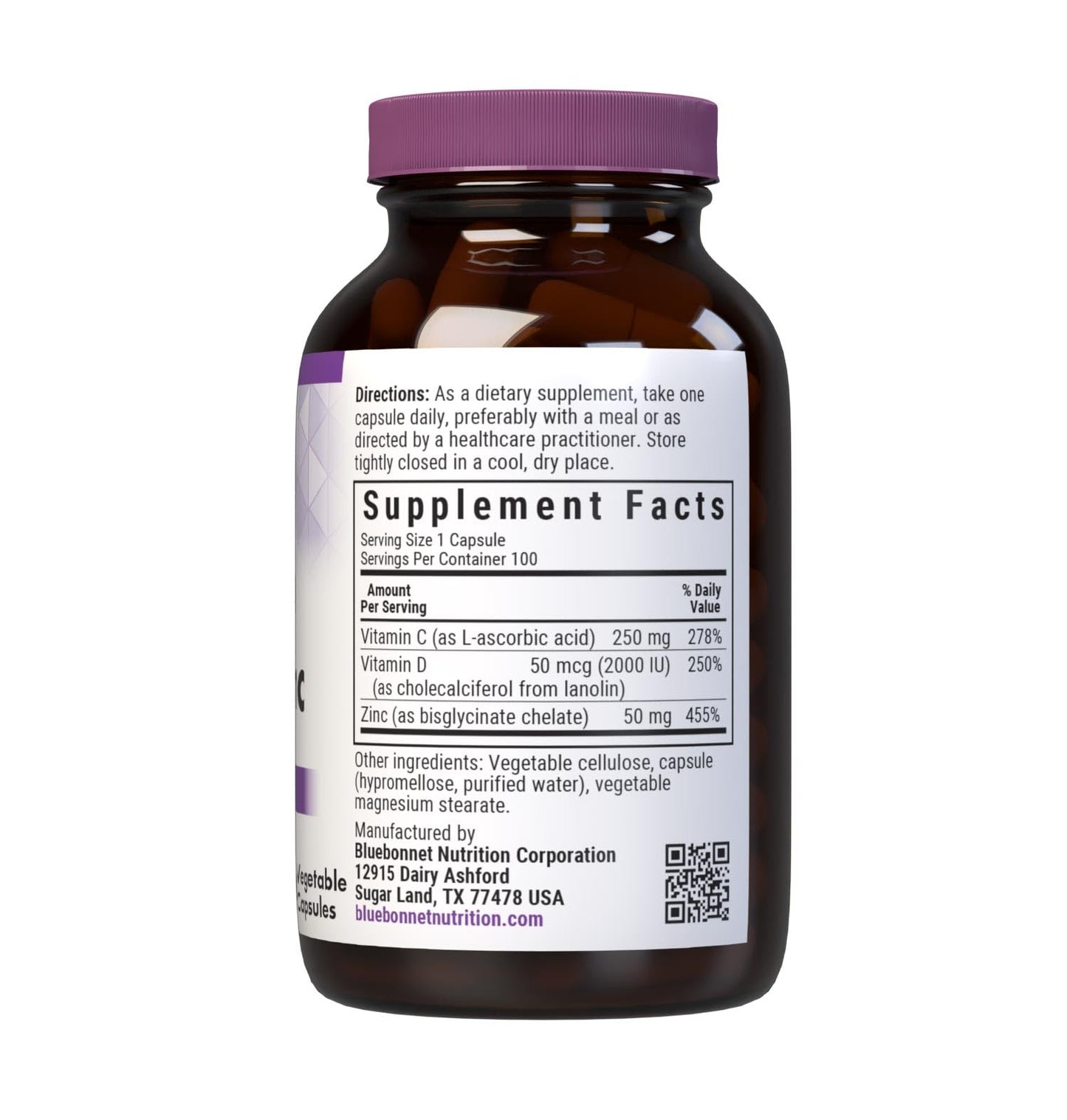 Bluebonnet Vitamin C, D3 & Zinc — Immune Support, 100 Veg Capsules