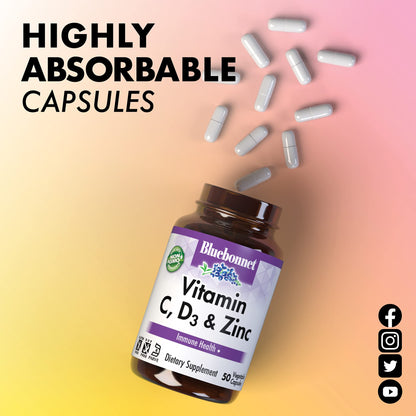 Bluebonnet Vitamin C, D3 & Zinc — Immune Support, 100 Veg Capsules