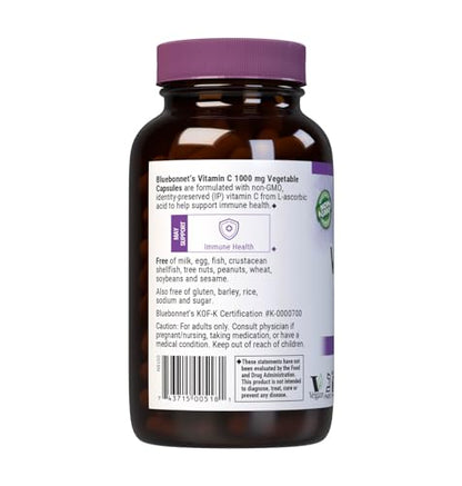 Bluebonnet Nutrition Vitamin C 1000 mg Veggie Capsules | Immune Support, Skin Health | Non-GMO, Vegan, Kosher | 180 Count