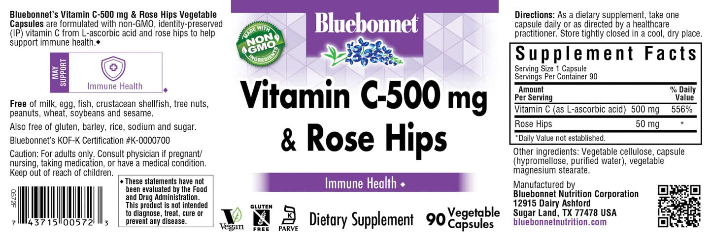 Bluebonnet Vitamin C-500 mg with Rose Hips – Immune Support, 90 Veg Capsules