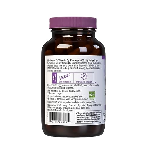 Bluebonnet Vitamin D3 1000 IU Softgels – 250 Count | Non-GMO, Gluten Free, Soy Free, Dairy Free