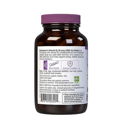 Bluebonnet Vitamin D3 1000 IU Softgels – 250 Count | Non-GMO, Gluten Free, Soy Free, Dairy Free