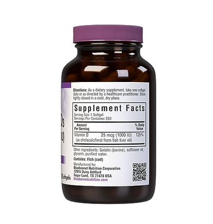 Bluebonnet Vitamin D3 1000 IU Softgels – 250 Count | Non-GMO, Gluten Free, Soy Free, Dairy Free