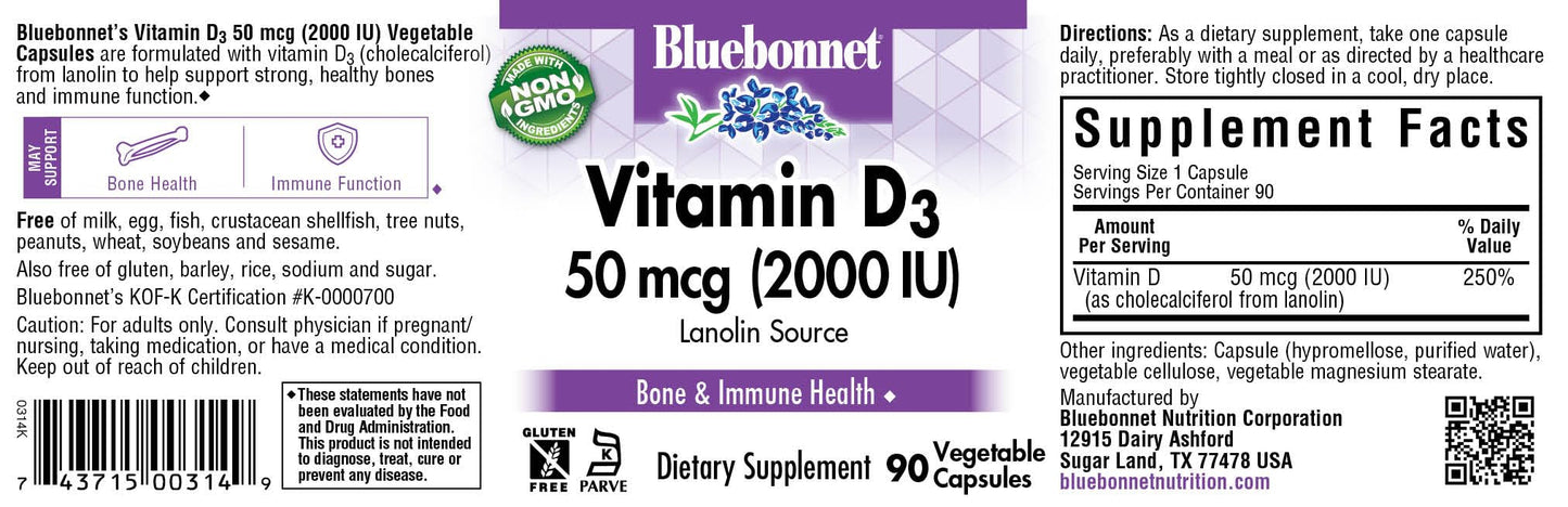 BlueBonnet Vitamin D3 2000 IU Vegetable Capsules – 90 Count