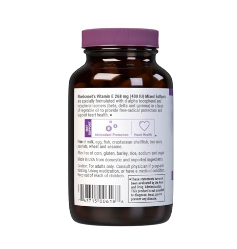 Bluebonnet Vitamin E 400 IU Mixed Tocopherols Softgels – Free Radical Protection & Heart Health