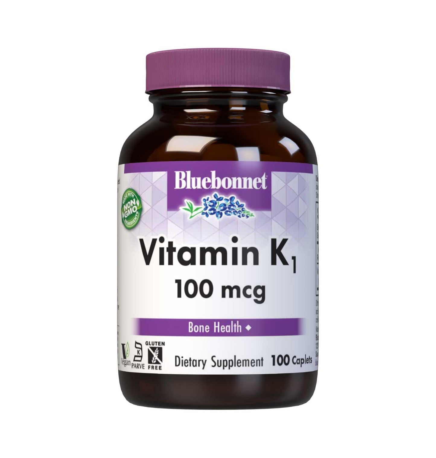 Bluebonnet Vitamin K1 100 mcg - Supports Bone Health | Phylloquinone Crystalline Vitamin K1 - Non-GMO, Vegan, Kosher, Gluten-Free, Dairy-Free - 100 Vegan Caplets