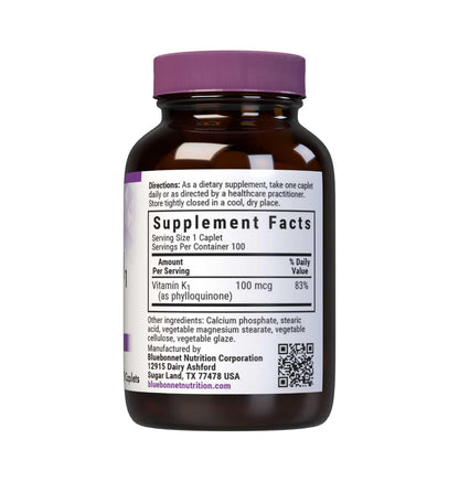 Bluebonnet Vitamin K1 100 mcg - Supports Bone Health | Phylloquinone Crystalline Vitamin K1 - Non-GMO, Vegan, Kosher, Gluten-Free, Dairy-Free - 100 Vegan Caplets