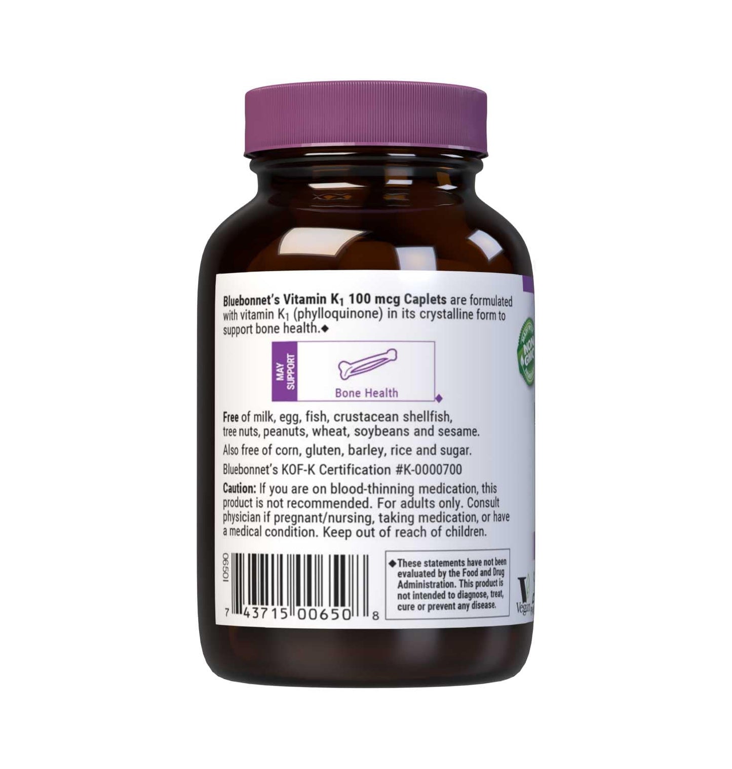 Bluebonnet Vitamin K1 100 mcg - Supports Bone Health | Phylloquinone Crystalline Vitamin K1 - Non-GMO, Vegan, Kosher, Gluten-Free, Dairy-Free - 100 Vegan Caplets
