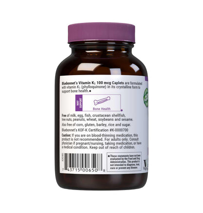 Bluebonnet Vitamin K1 100 mcg - Supports Bone Health | Phylloquinone Crystalline Vitamin K1 - Non-GMO, Vegan, Kosher, Gluten-Free, Dairy-Free - 100 Vegan Caplets