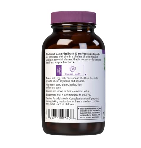 Bluebonnet Zinc Picolinate 50 mg Capsules – Immune & Hormonal Health, Vegan