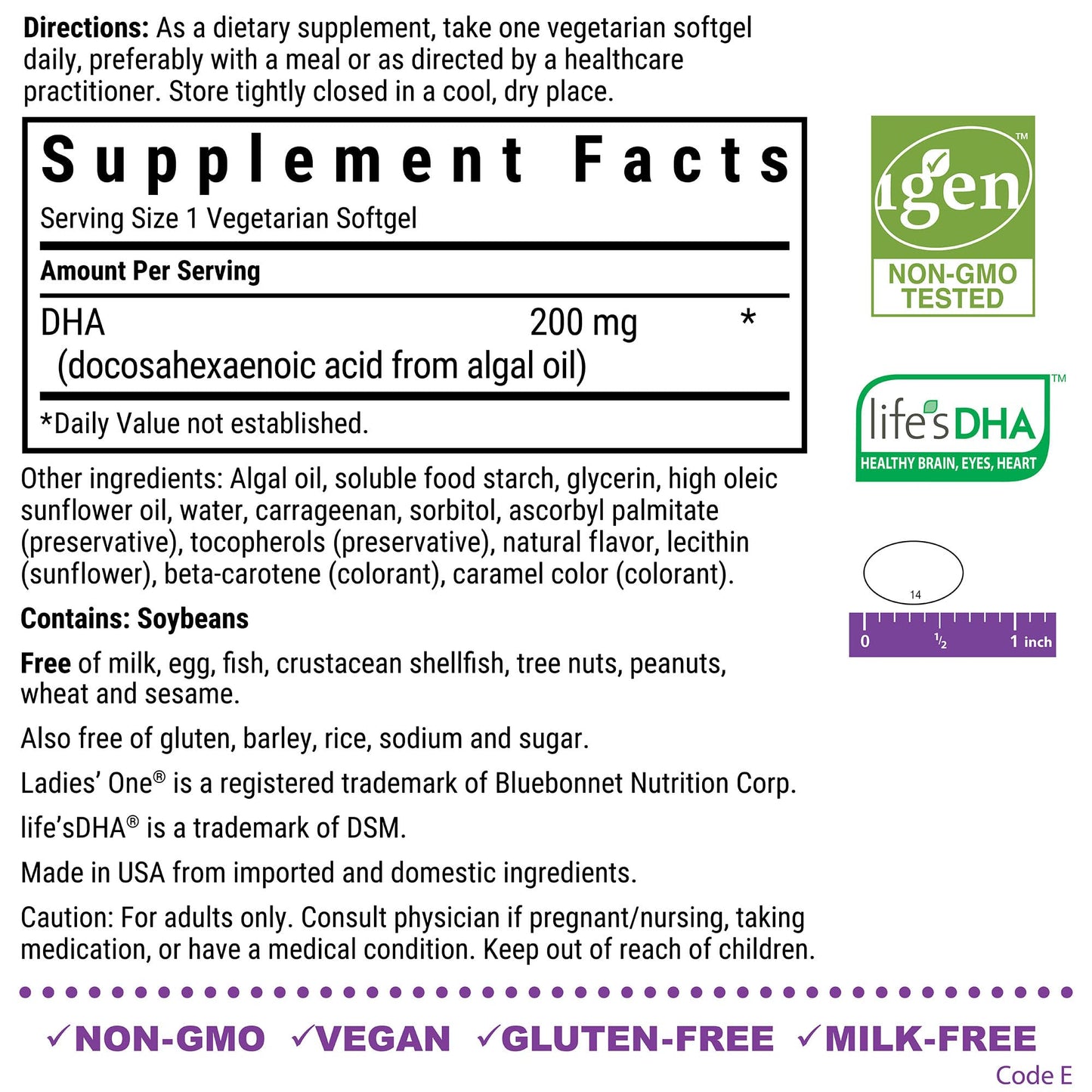 Bluebonnet Ladies' One Prenatal DHA 200 mg – Vegan, Non-GMO, Gluten-Free