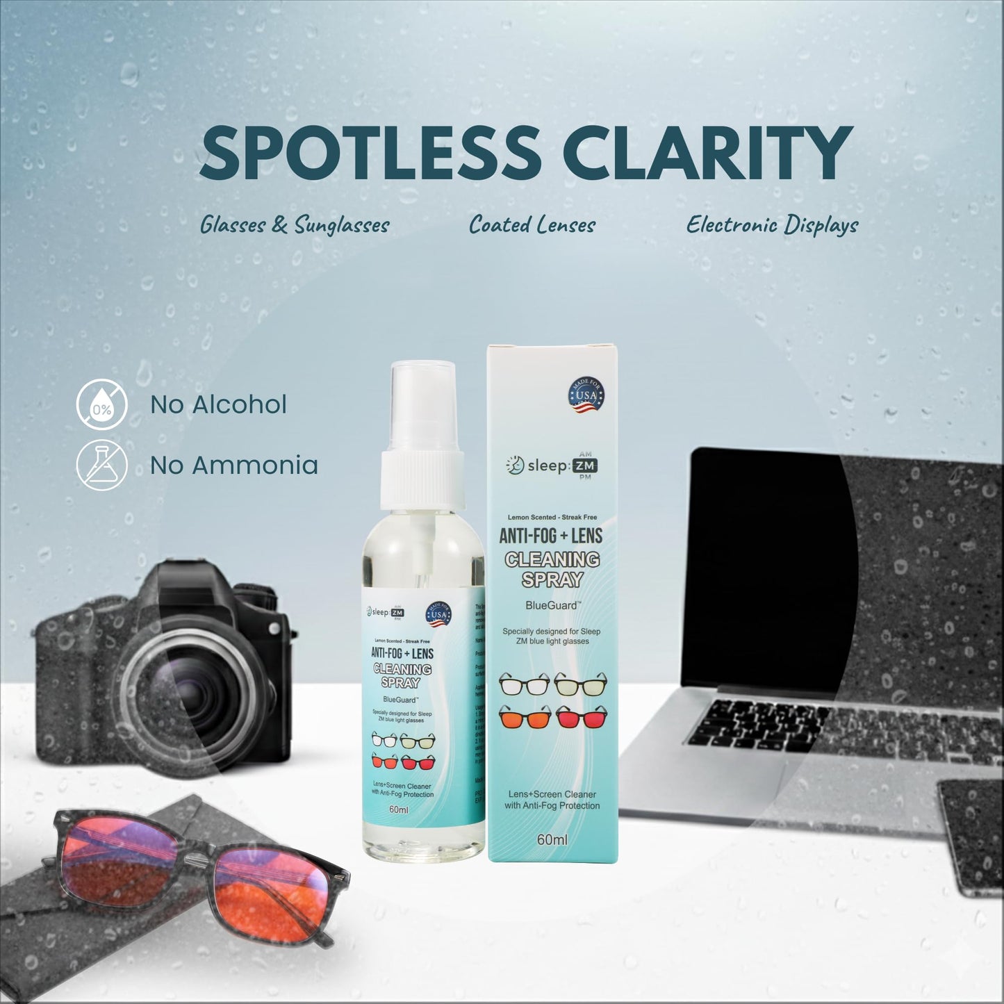 BlueGuard by Sleep ZM Lens Cleaning Spray – 60ml Anti-Fog, Alcohol-Free Glasses Cleaner for Blue Light, AR, Reading, Prescription Glasses, Sunglasses & Screens