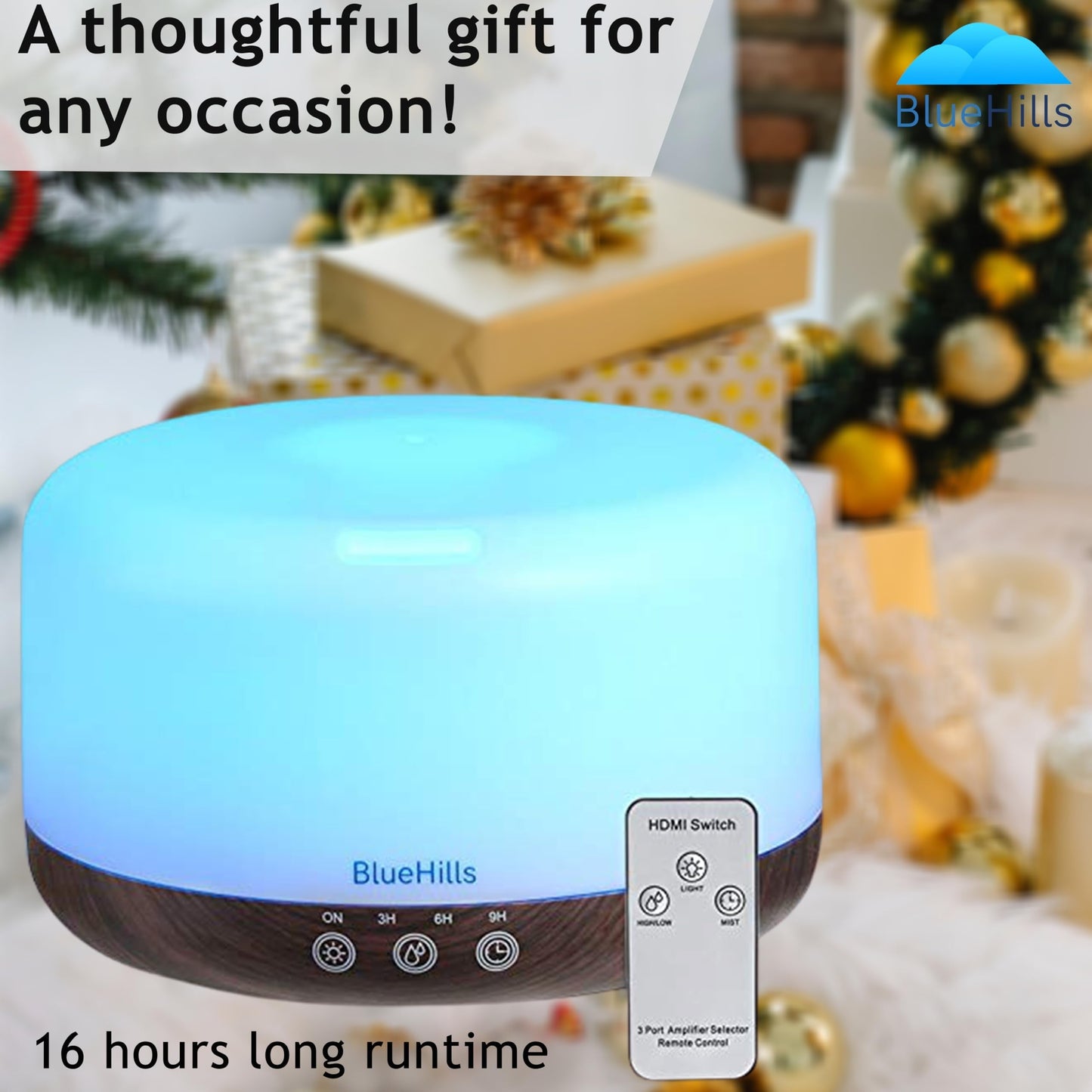 BlueHills Premium 1000ML Round Essential Oil Diffuser Humidifier – Dark Wood Grain with LED Lights (D002)