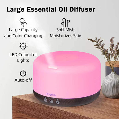 BlueHills Premium 1000ML Round Essential Oil Diffuser Humidifier – Dark Wood Grain with LED Lights (D002)