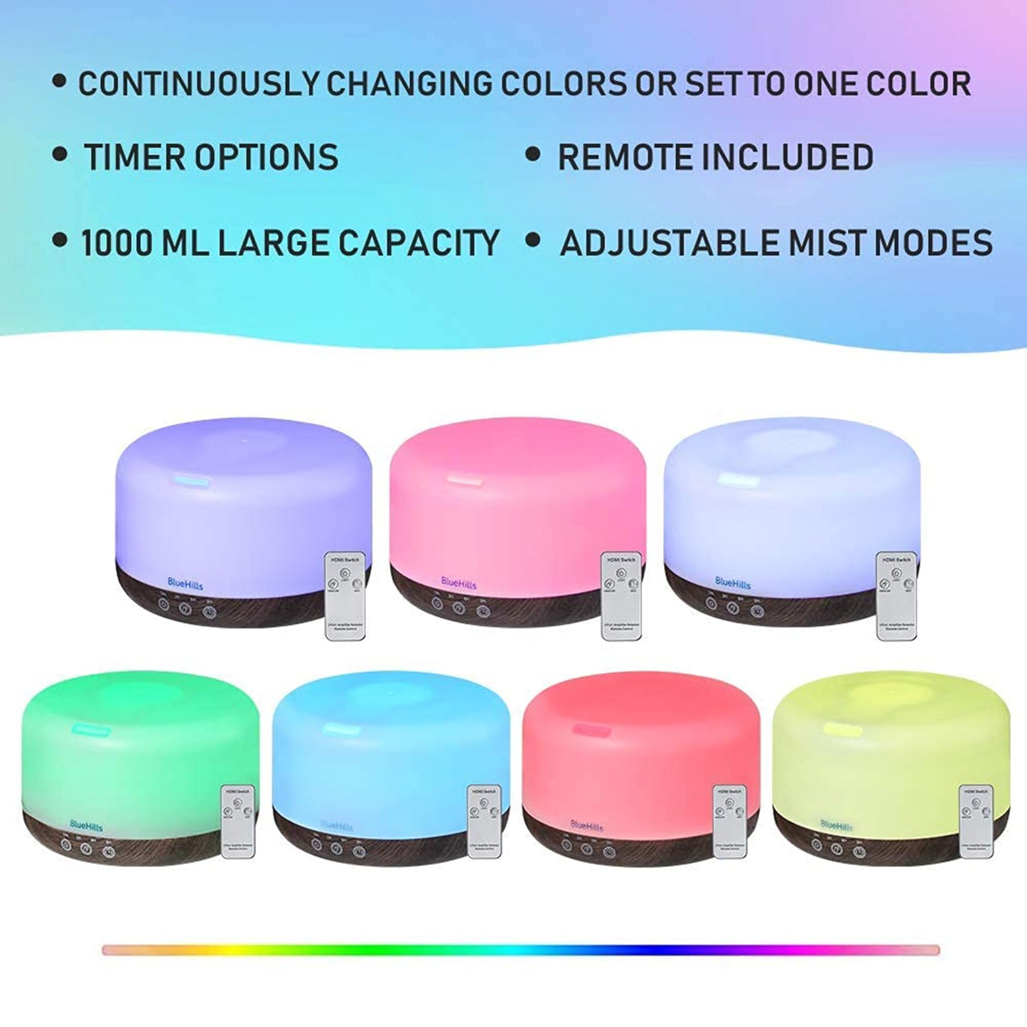 BlueHills Premium 1000ML Round Essential Oil Diffuser Humidifier – Dark Wood Grain with LED Lights (D002)