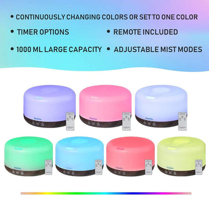 BlueHills Premium 1000ML Round Essential Oil Diffuser Humidifier – Dark Wood Grain with LED Lights (D002)