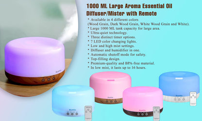 BlueHills Premium 1000ML Round Essential Oil Diffuser Humidifier – Dark Wood Grain with LED Lights (D002)
