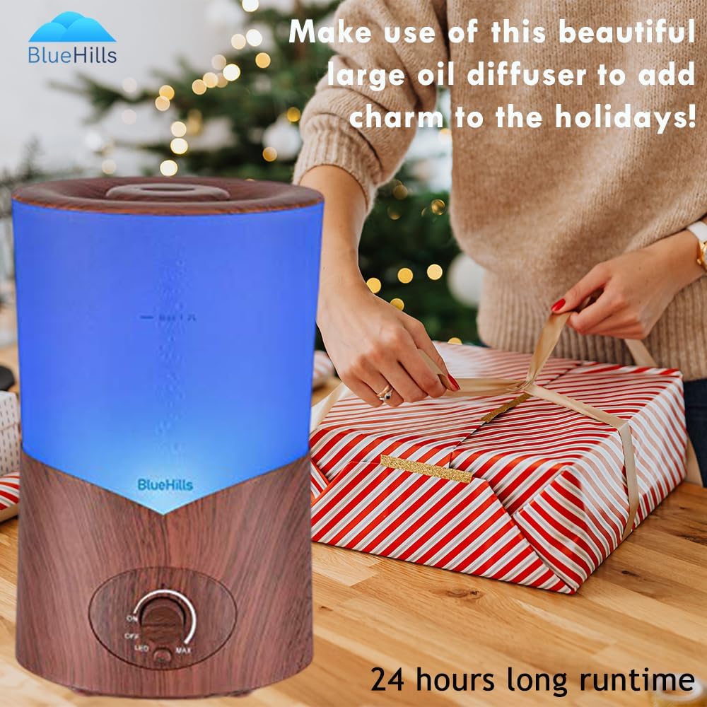 BlueHills Premium 1000ml Essential Oil Diffuser - Dark Wood Grain, Large 1L Humidifier for Big Rooms