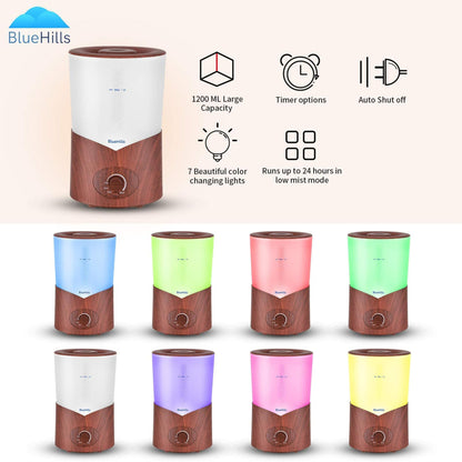 BlueHills Premium 1000ml Essential Oil Diffuser - Dark Wood Grain, Large 1L Humidifier for Big Rooms