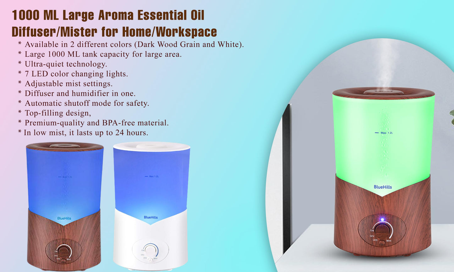 BlueHills Premium 1000ml Essential Oil Diffuser - Dark Wood Grain, Large 1L Humidifier for Big Rooms