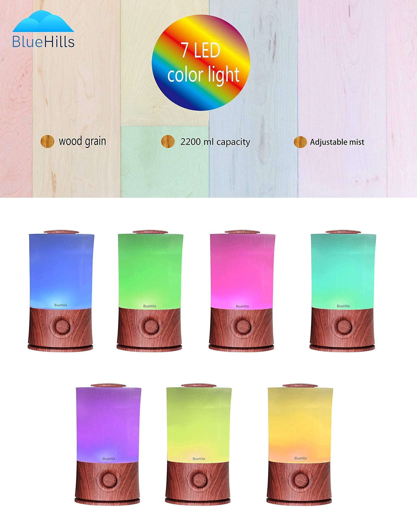 BlueHills Premium 2L XL Essential Oil Diffuser – Large Room Humidifier, 40-Hour Run, Dark Wood Grain E003