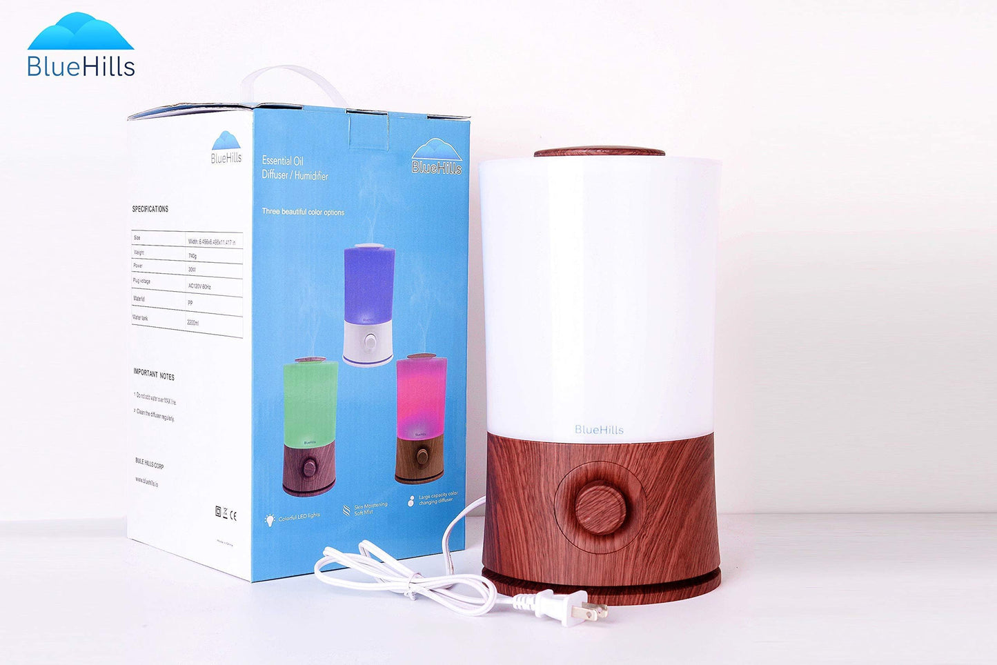 BlueHills Premium 2L XL Essential Oil Diffuser – Large Room Humidifier, 40-Hour Run, Dark Wood Grain E003