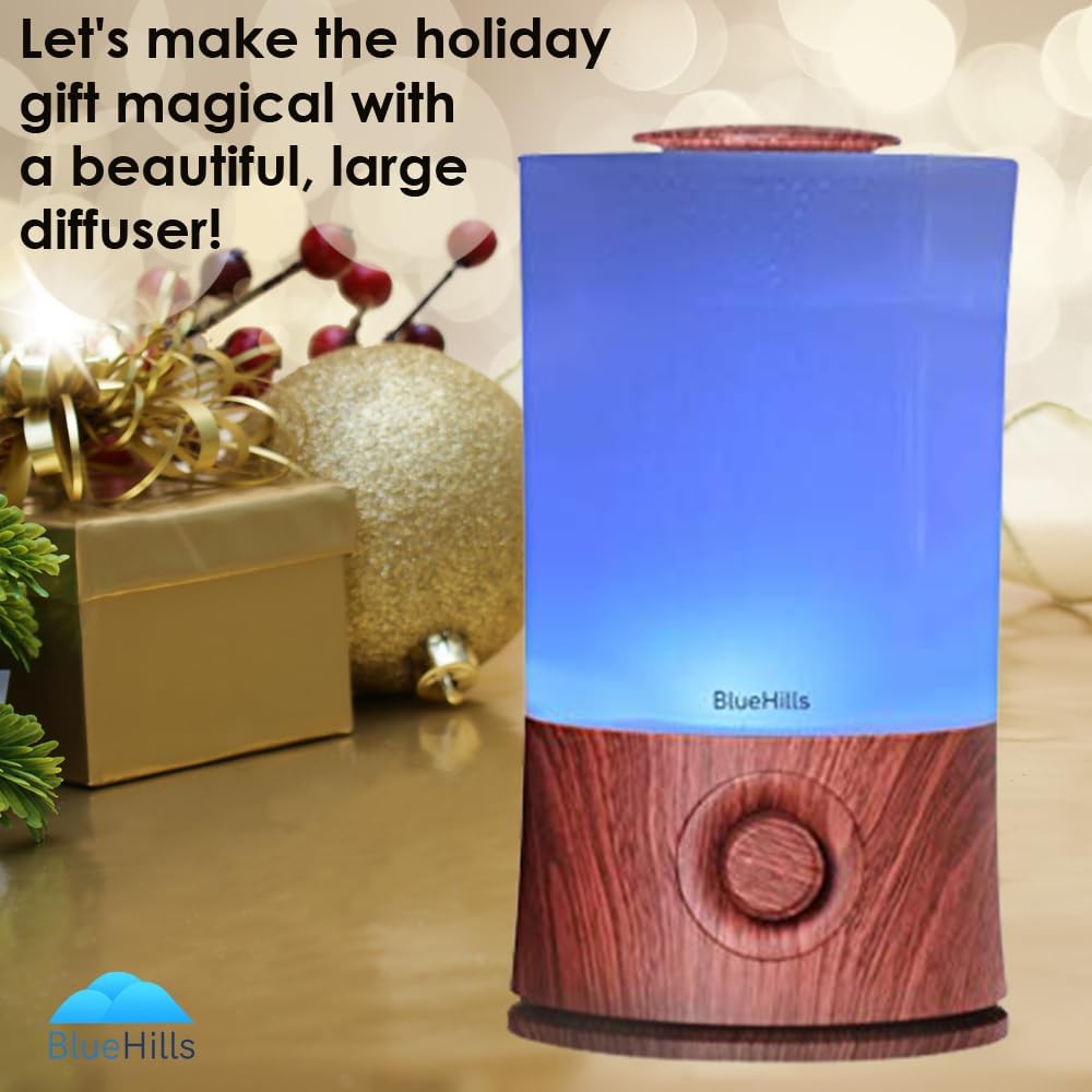 BlueHills Premium 2L XL Essential Oil Diffuser – Large Room Humidifier, 40-Hour Run, Dark Wood Grain E003