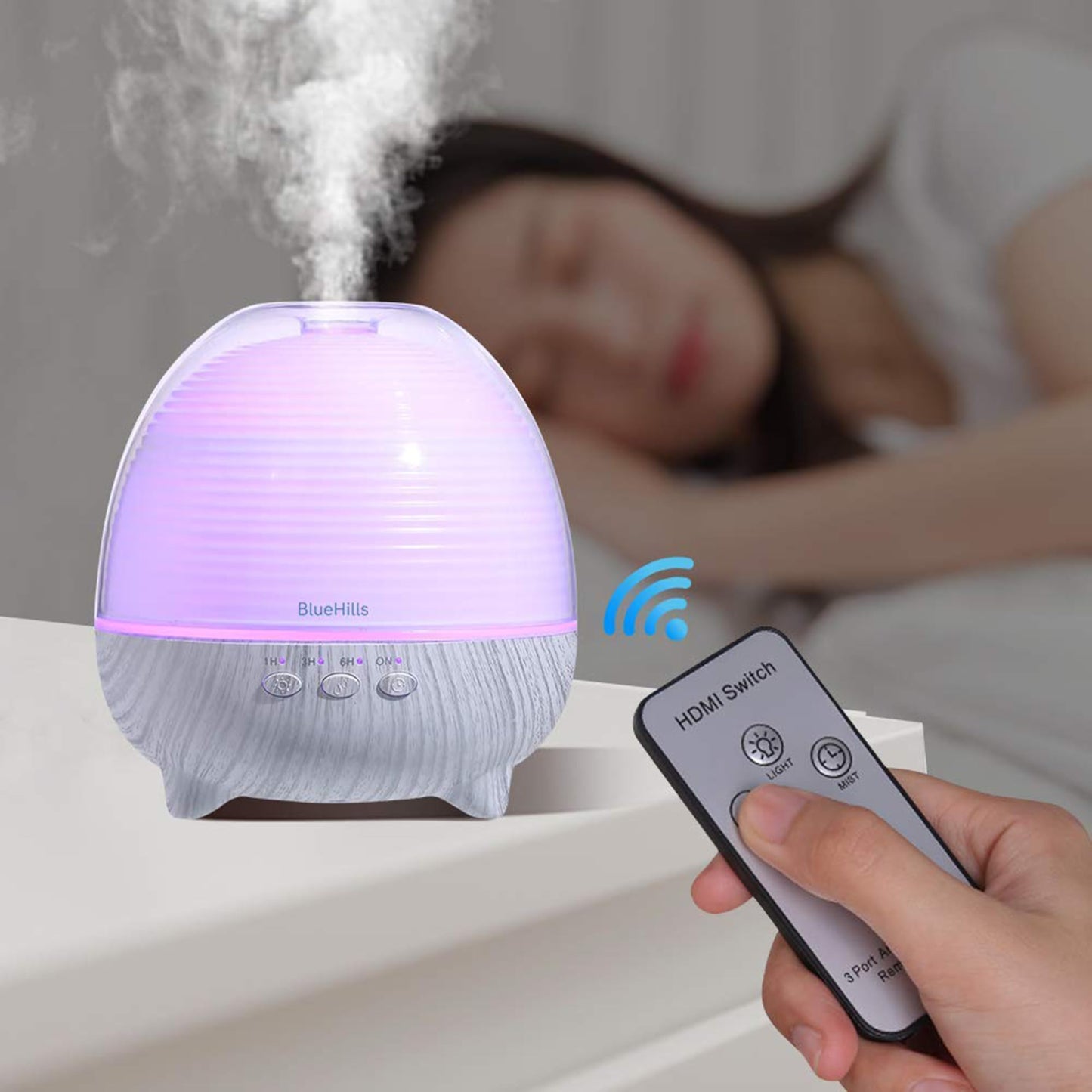 BlueHills Premium Essential Oil Diffuser with Remote — 600ml White Wood Grain for Large Rooms | Humidifier & Aromatherapy