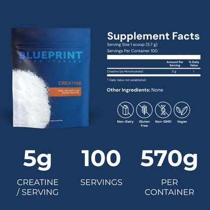 Blueprint Bryan Johnson Creatine Monohydrate Powder – Unflavored, 5g Dose, 100 Servings
