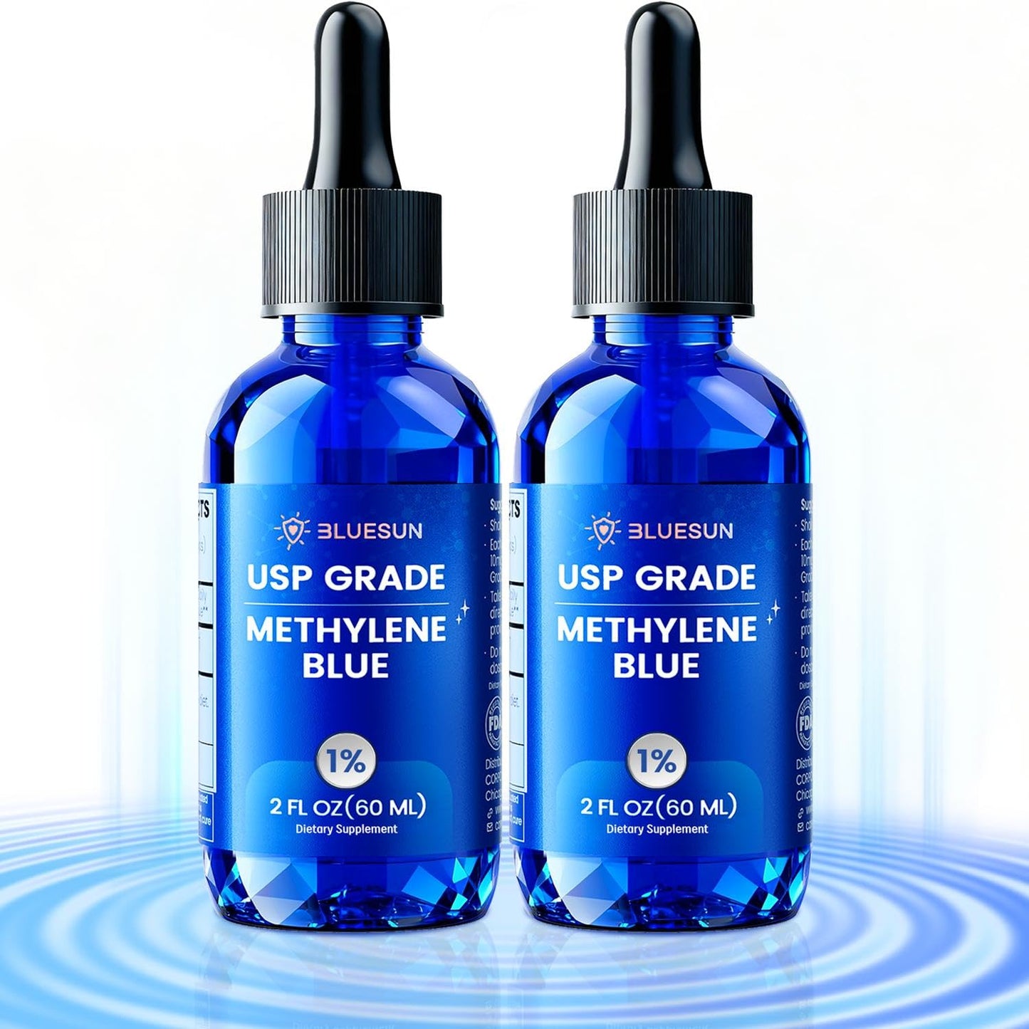 Bluesun Methylene Blue Supplement - 4 FL OZ Total (2 x 2 FL OZ bottles) | 1% Liquid Drops for Humans | Third-Party Tested | Formaldehyde-Free | Made in USA