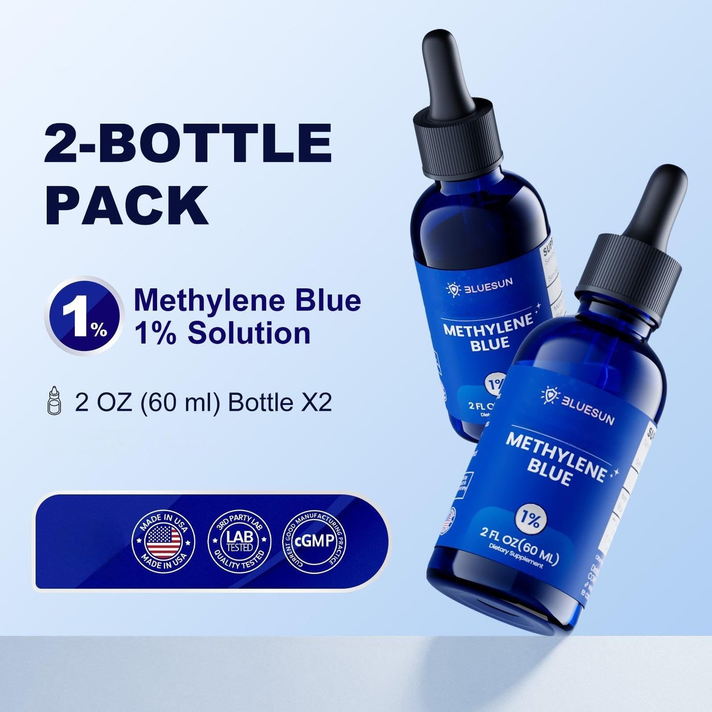 Bluesun Methylene Blue Supplement - 4 FL OZ Total (2 x 2 FL OZ bottles) | 1% Liquid Drops for Humans | Third-Party Tested | Formaldehyde-Free | Made in USA