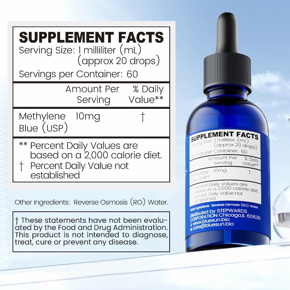 Bluesun Methylene Blue Supplement - 4 FL OZ Total (2 x 2 FL OZ bottles) | 1% Liquid Drops for Humans | Third-Party Tested | Formaldehyde-Free | Made in USA