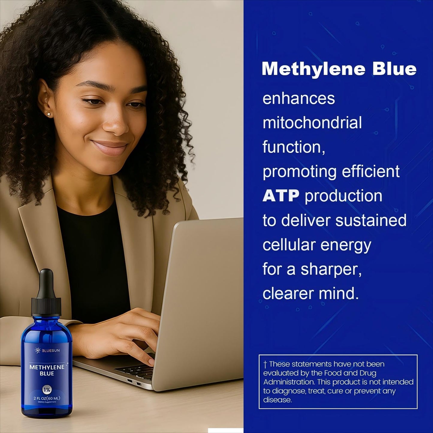 Bluesun Methylene Blue Supplement - 4 FL OZ Total (2 x 2 FL OZ bottles) | 1% Liquid Drops for Humans | Third-Party Tested | Formaldehyde-Free | Made in USA