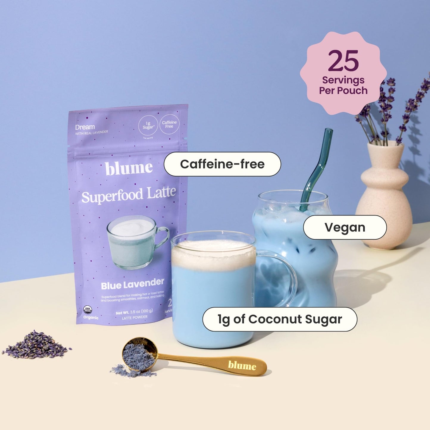 Blume Superfoods Latte: Blue Lavender Powder with Blue Spirulina & Coconut Milk | Caffeine Free, Organic, Keto, Vegan | 25 Servings